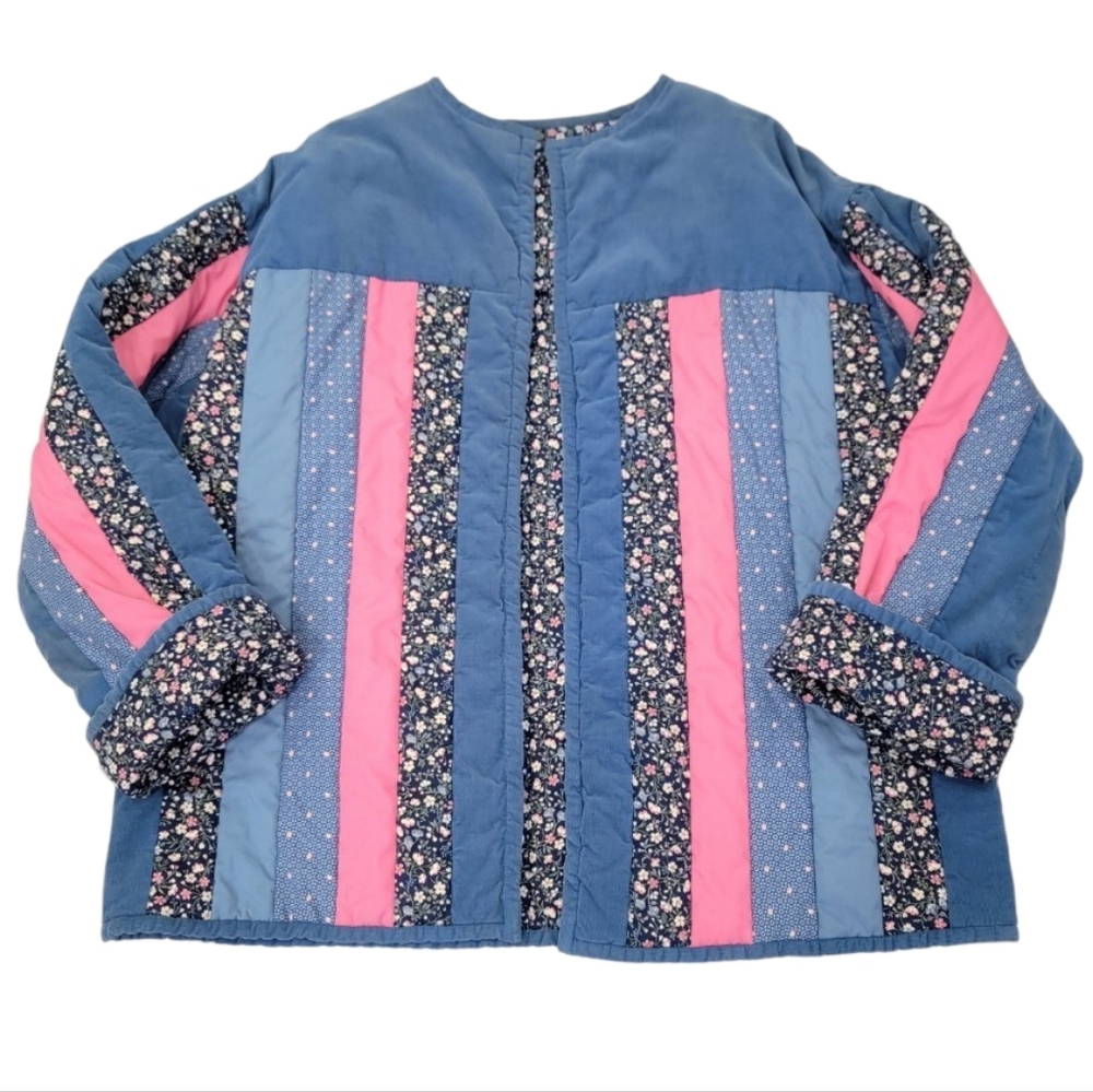 VTG Handmade Reversible Quilted Jacket Patchwork Corduroy Floral Blue Pink XXL - Picture 3 of 17